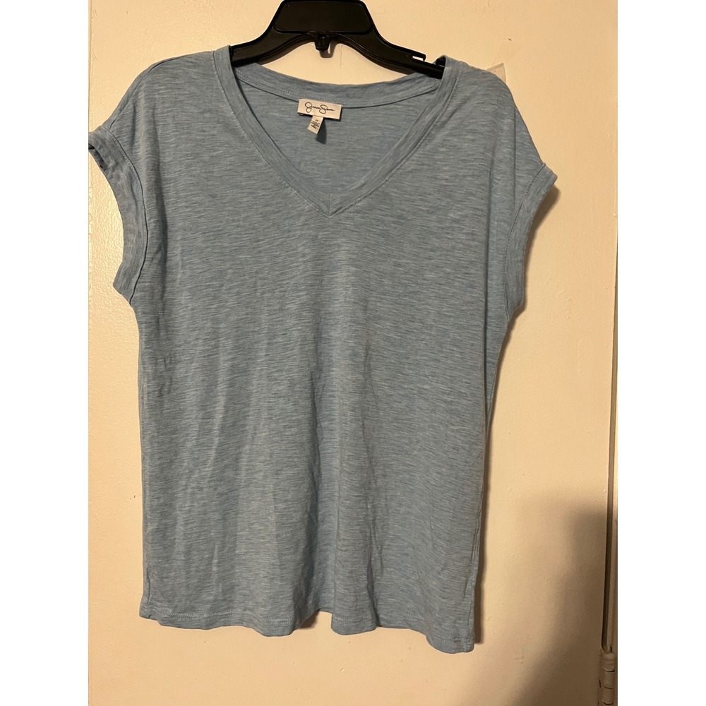 Jessica Simpson Womens Light Blue V-Neck Cap Sleeve Slub Knit Top Small